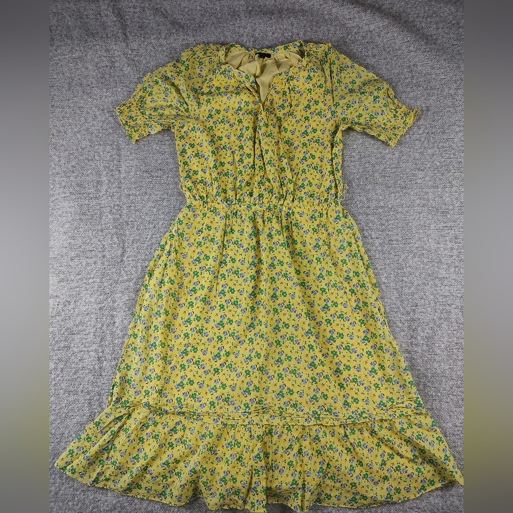 Talbots Petite Medium 100% Cotton Midi Floral Yellow Dress with Ruffle Hem